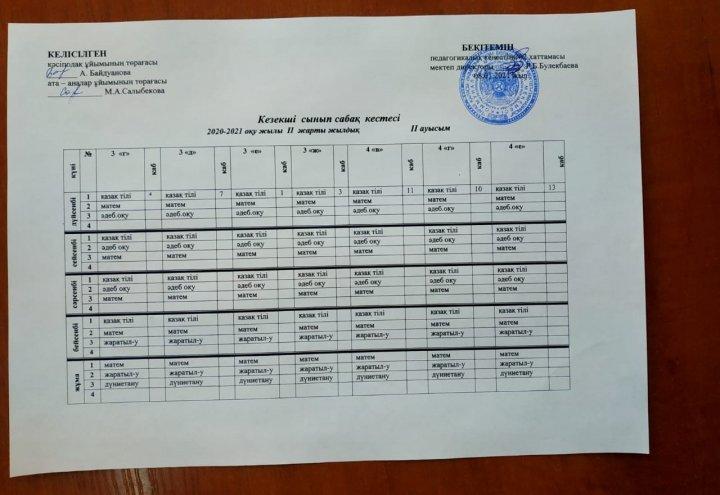 2020-2021 оқу жылына II жарты жылдықтың сабақ кестесі