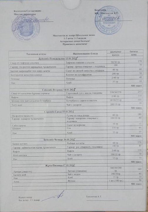 №16 о/м  13.01-17.01 аралығындағы мәзір