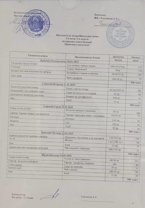 №16 о/м  20.01-24.01.2025 аралығындағы мәзір