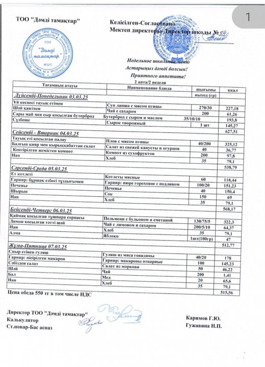 № 24 мектеп-гимназиясы  03.03-07.03-20257 Ас мәзірі.