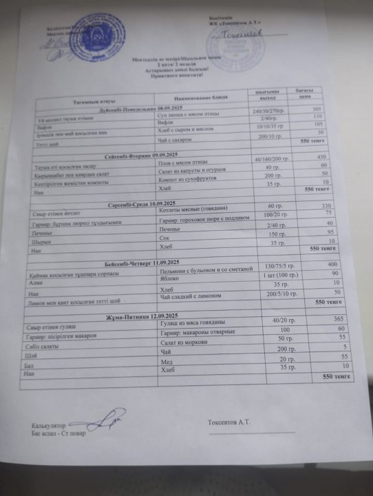 №16мектеп.08.09.25-12.09.25жж. Тамақтану ас мәзірі