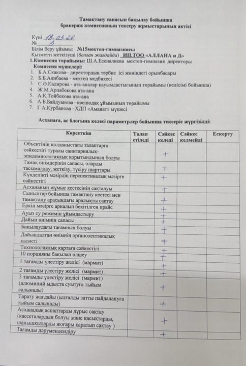 Тамақтану сапасын бақылау бойынша бракераж коммисиясының тексеру жұмыстарының актісі №3